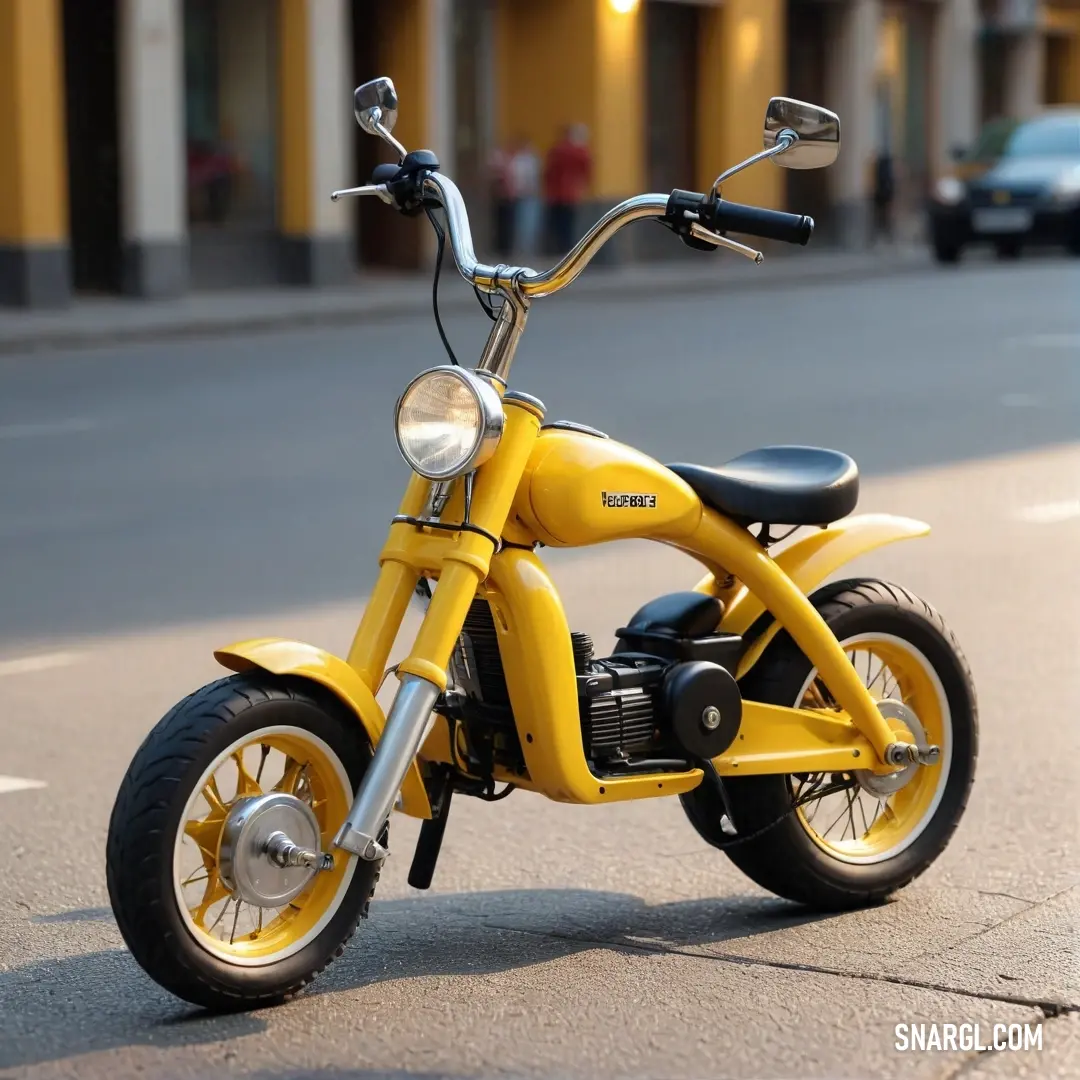 Yellow motorcycle parked on the side of the road near a building. Example of #E1AD21 color.