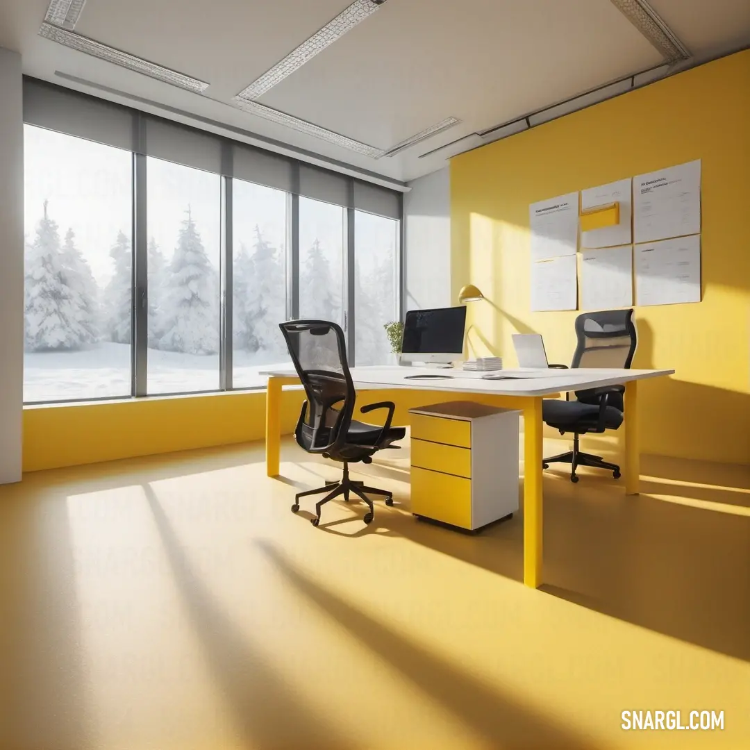 Yellow office with a desk and chairs in front of large windows with a view of a snowy landscape. Example of RGB 225,173,33 color.