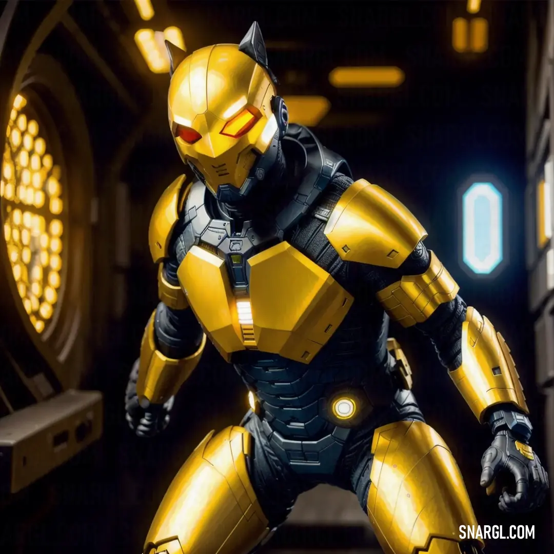 Yellow and black robot is in a tunnel with a light on it's face and a helmet on. Color Urobilin.