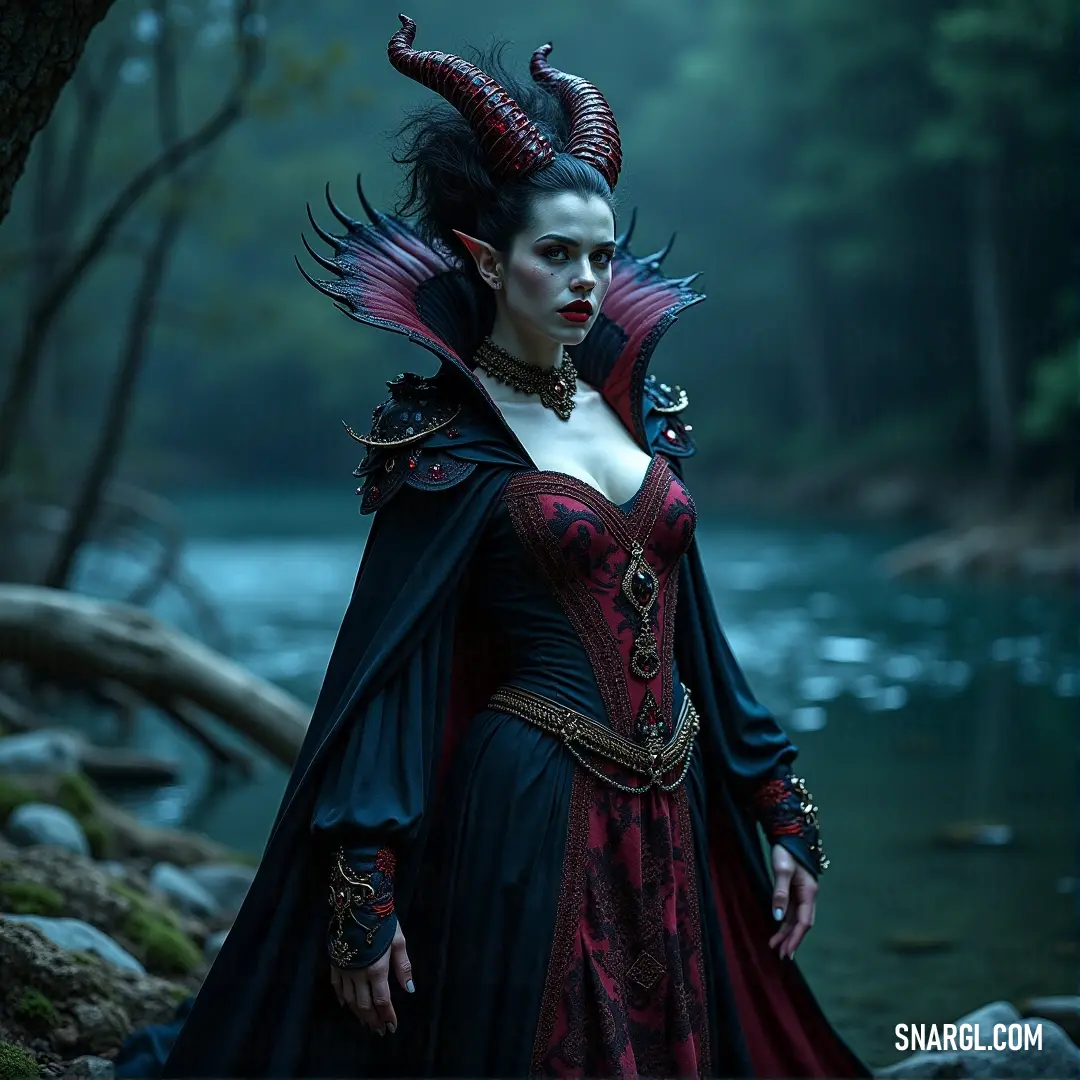 A figure in a red and black costume stands by a river, a dragon on their head, surrounded by the beauty of the forest and flowing water. A figure in a striking red and black costume stands by a river, the flowing water reflecting the natural beauty of the forest around them. A dragon perched on their head adds an otherworldly touch to the serene yet powerful scene.