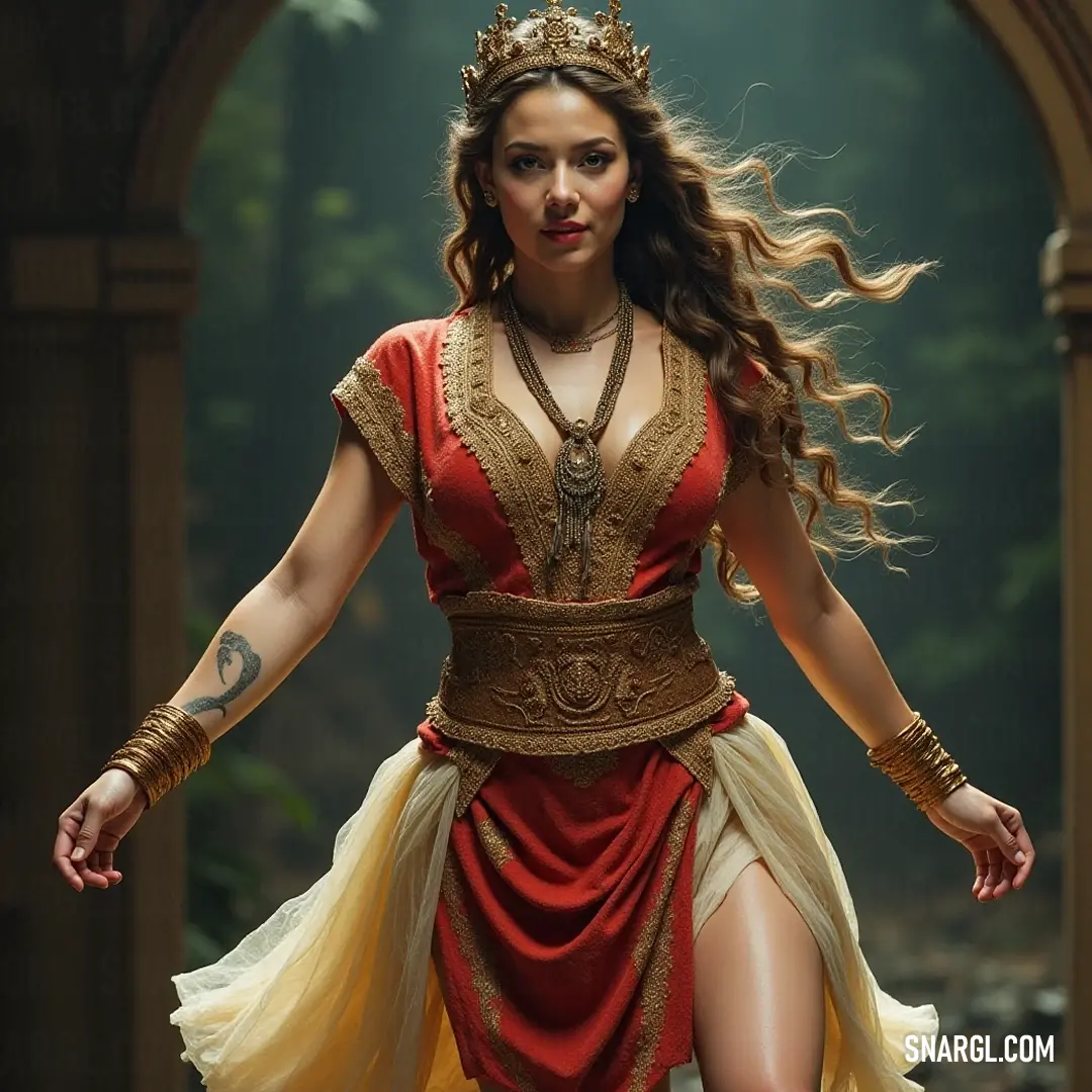 A vivid depiction of a regal warrior in a costume, wielding a sword with confidence, traversing a dark tunnel embellished with hints of light. A fierce warrior strides through an ancient, shadowy tunnel, her sword glinting in the dim light, and a crown resting on her head, embodying both elegance and strength as she prepares for an epic journey.