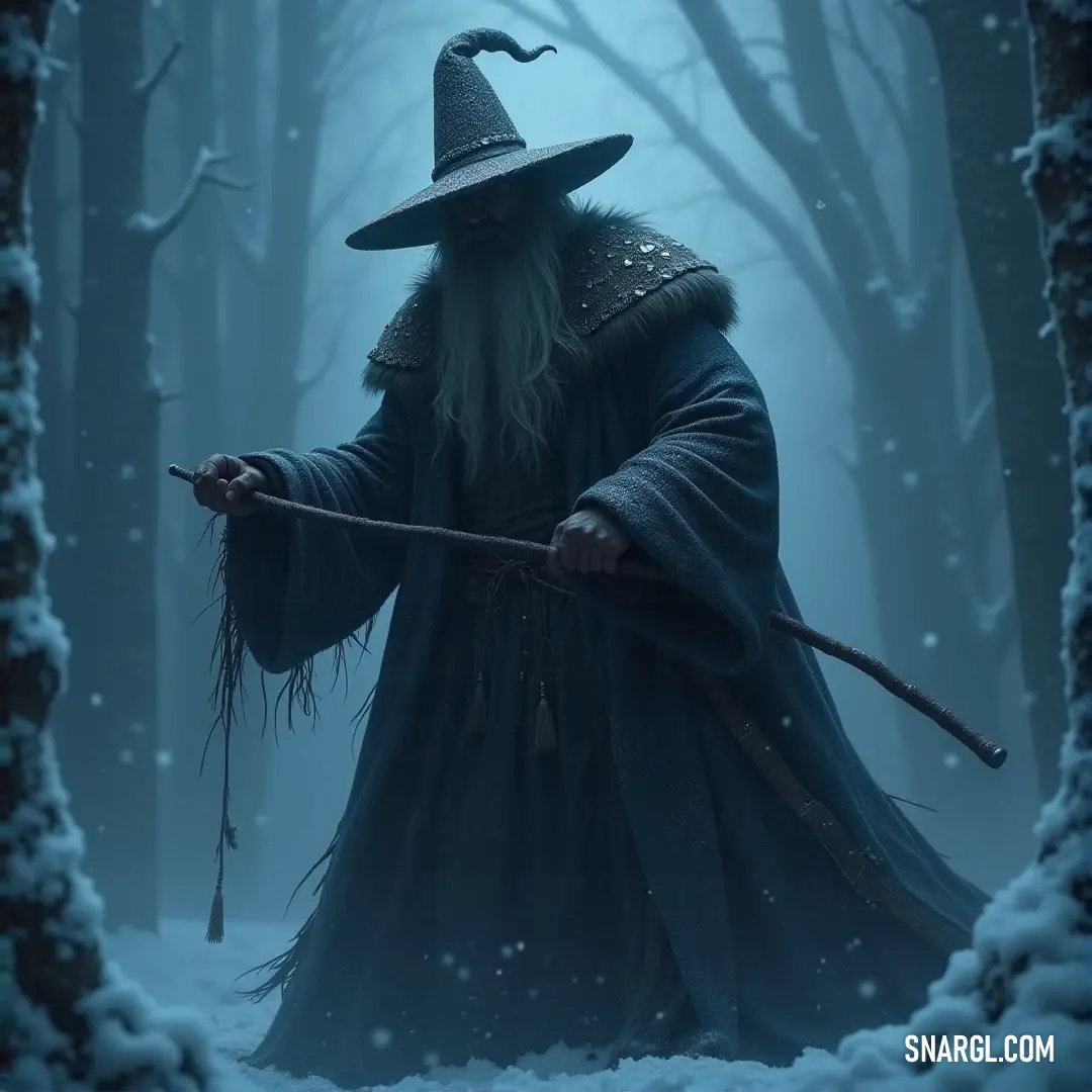 The wizard, standing resolute in a snowy forest, raises his staff, the winds howling as the snow falls around him. His presence commands the very elements of winter to bend to his will. A wizard, clad in dark robes, stands tall in a snow-filled forest, his staff raised as the flurries swirl around him. The trees stand as silent sentinels, and the quiet beauty of the snowy landscape contrasts with the power radiating from his staff.