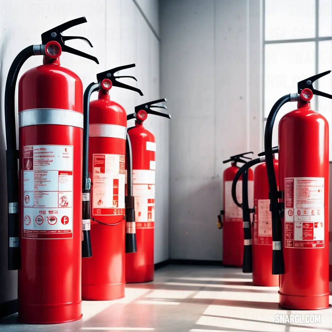 Group of red fire extinguishers lined up in a room with windows and a door in the background. Color #990000.