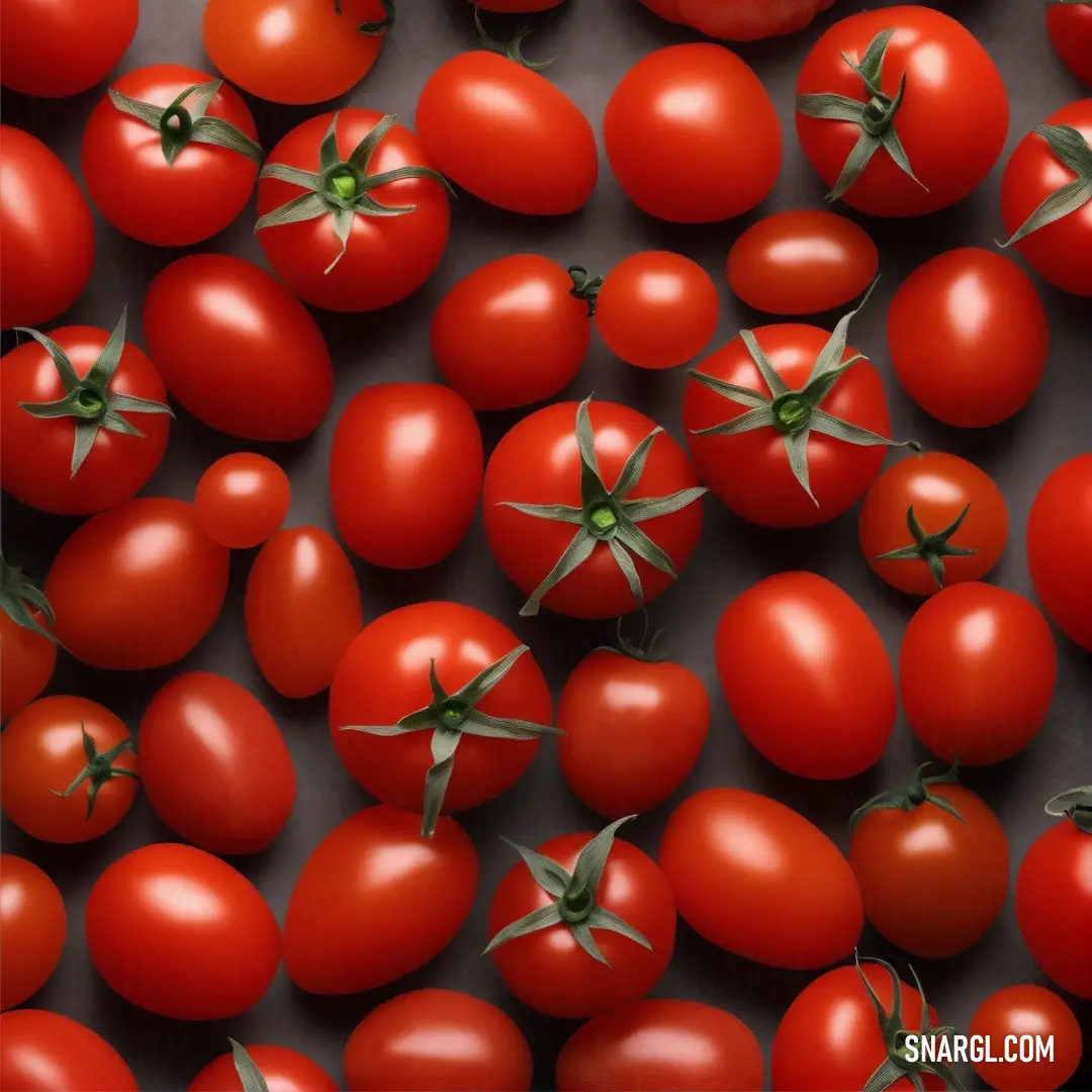 A vibrant display of tomatoes with fresh green stems lined up on a sleek black surface, showcasing their radiant colors and inviting a sense of freshness and vitality. This setting emphasizes the simplicity and beauty of homegrown produce.