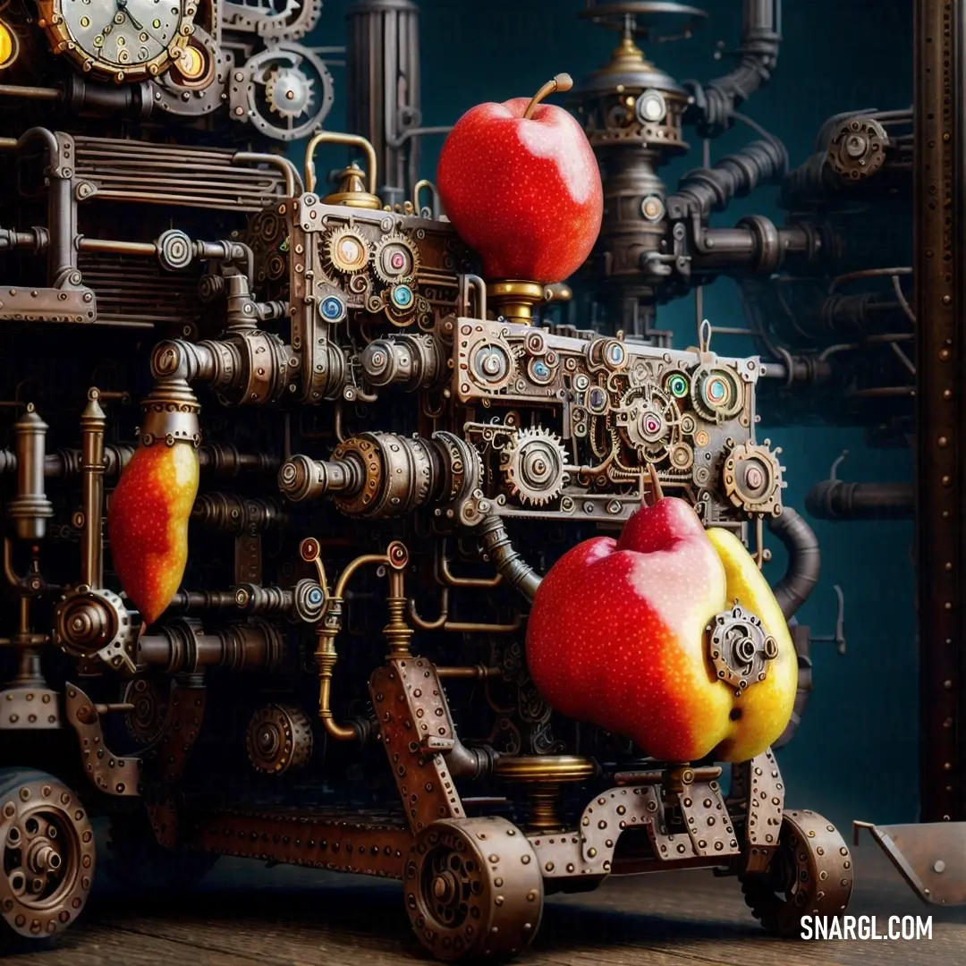 Machine with apples on top of it and a clock in the background with steampunkets on it. Example of #990000 color.