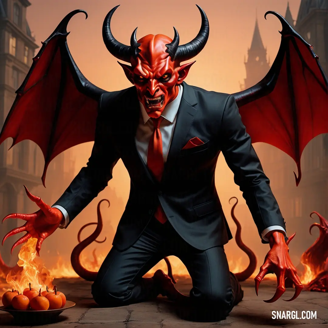Man in a suit and tie with a demon face on his face and a demon demon on his body. Example of #990000 color.