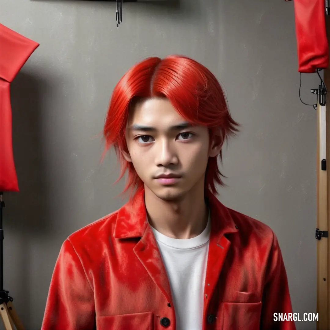 Man with red hair and a red jacket on a gray background with a red umbrella behind him