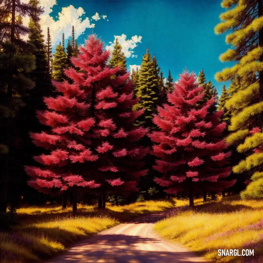 A peaceful road winds through a lush green landscape, flanked by tall trees and vibrant grass, with a bright blue sky above. The natural beauty of the scene evokes a sense of freedom and tranquility.