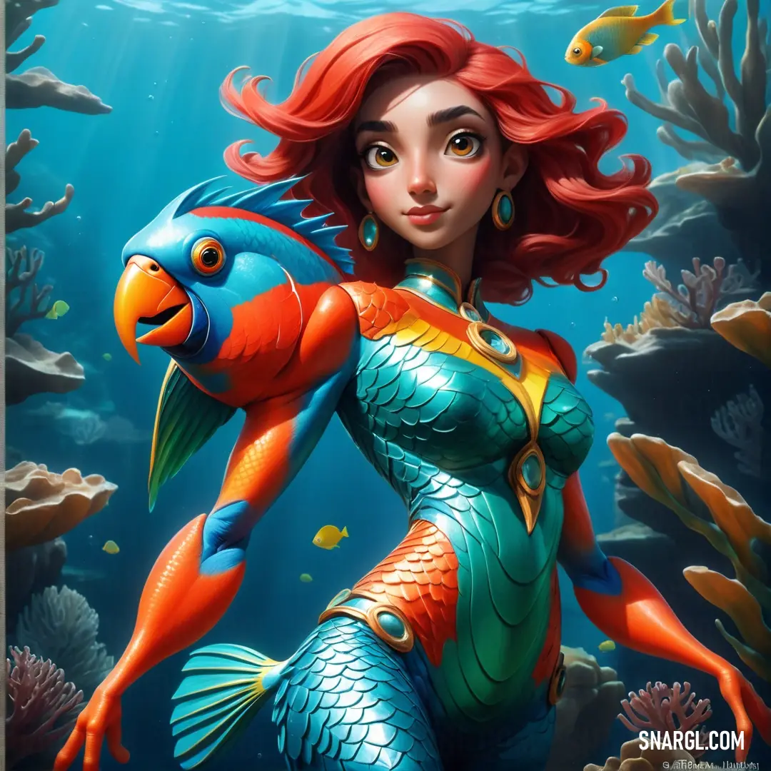 In an underwater world, a woman clutches a fish, her red attire blending with the deep ocean hues. Bright fish swim around her while corals add a splash of color, with the dominant tones of RGB 153,0,0 creating a striking visual.