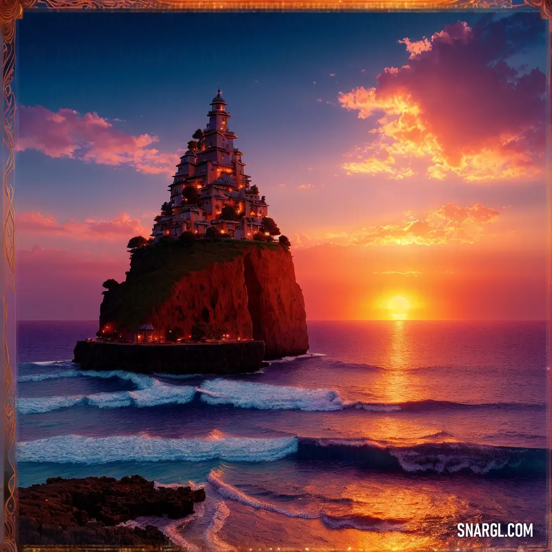 A stunning sunset over a tranquil beach with soft waves lapping at the shore. In the distance, a small island rises from the ocean, crowned with a glowing temple atop its peak.