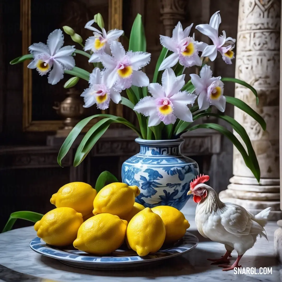 A vibrant plate brimming with fresh lemons and a charming vase of flowers, sitting next to a lovely chicken, capturing the essence of a sunny, inviting meal experience brimming with freshness and color.