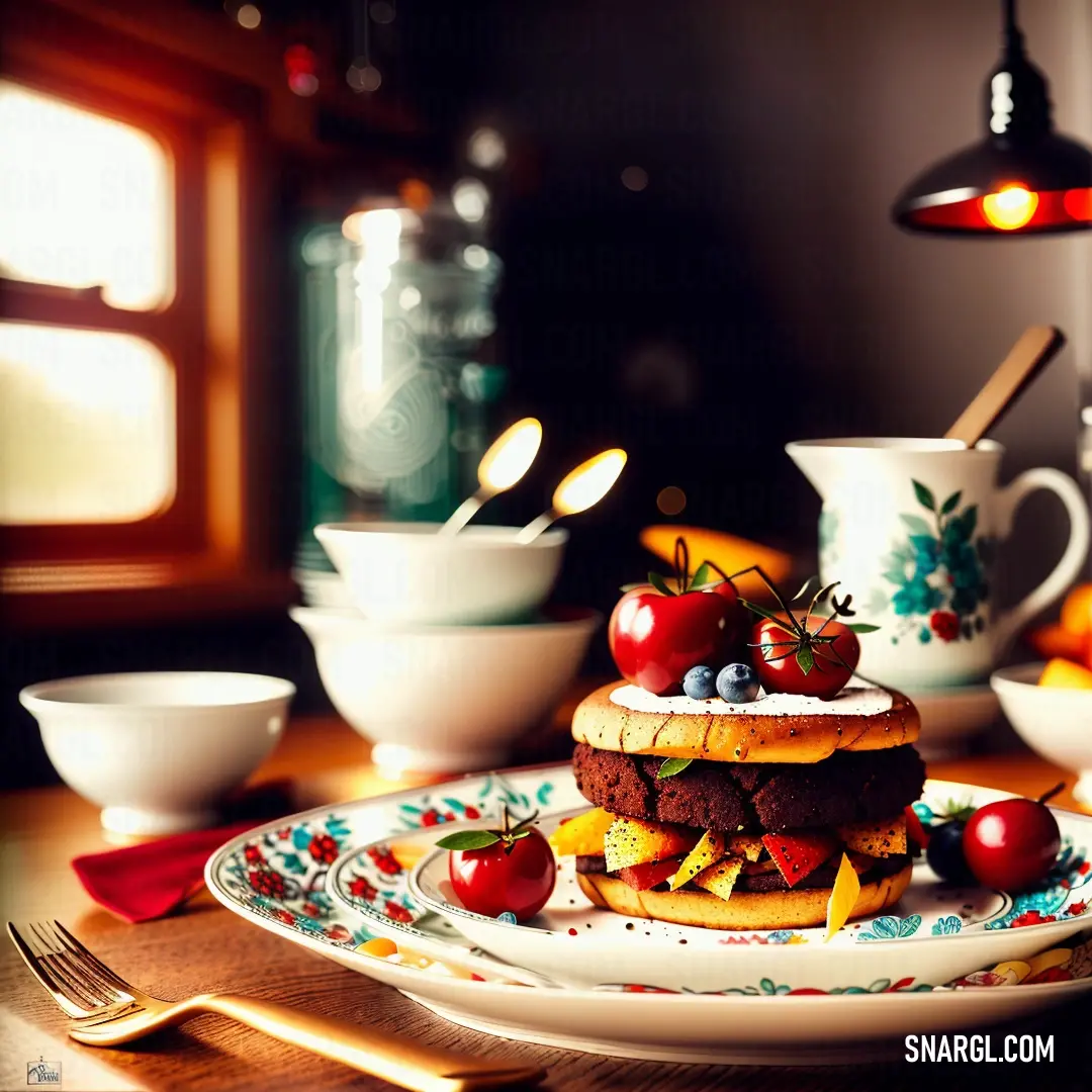 A USC Cardinal-themed setting featuring a plate with a delicious sandwich, accompanied by a bowl of fresh fruit and a spoon. The bright, inviting color creates a warm, satisfying feel to the whole scene.