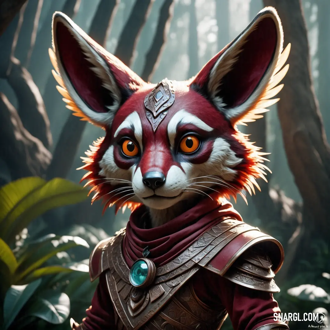 A red fox, armored and helmeted, stands in a lush forest, the sunlight filtering through the trees behind it. Its fiery coat contrasts with the natural greenery, and its alert posture hints at its readiness for battle.