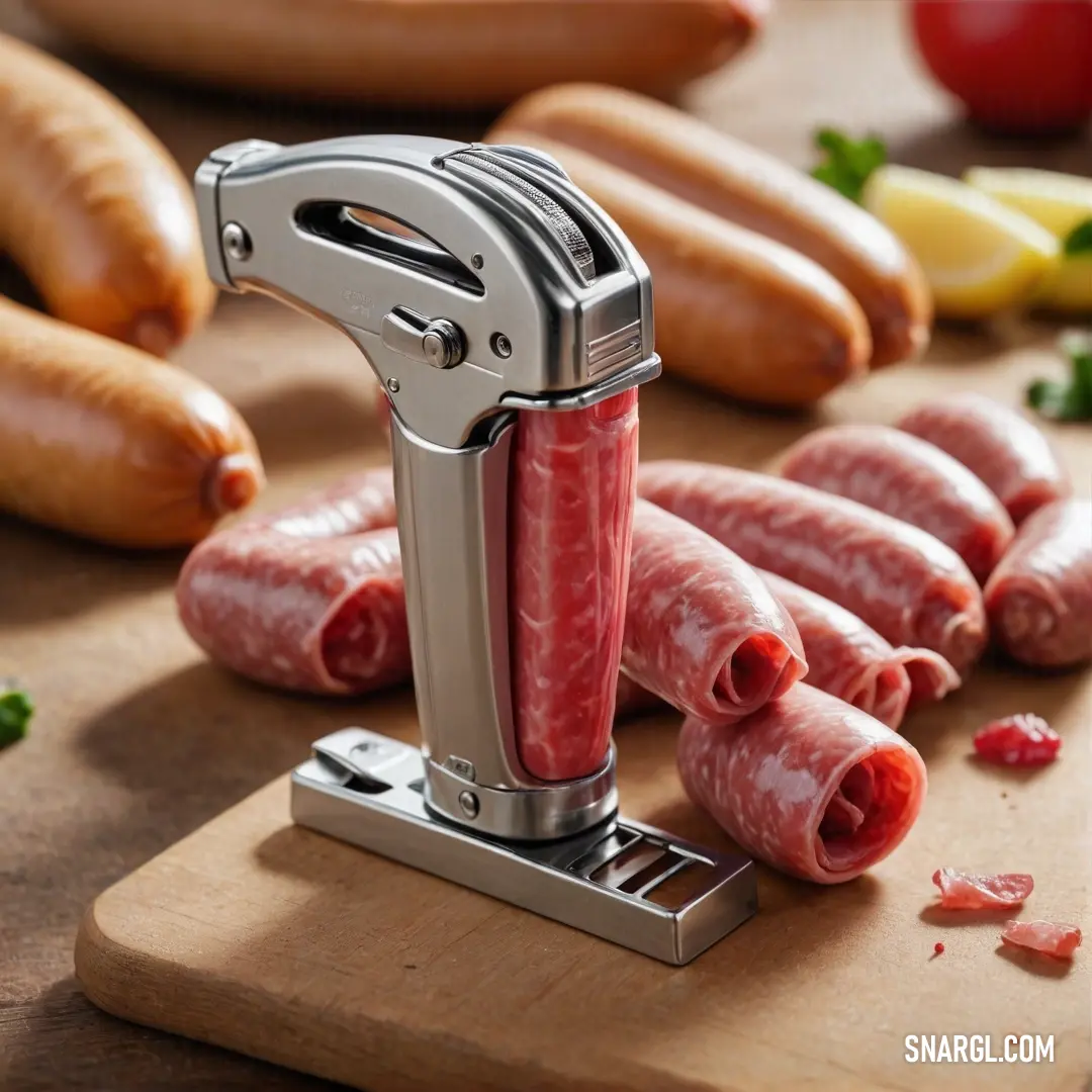 A sausage cutter rests upon a wooden cutting board, surrounded by a delightful assortment of sausages and fresh vegetables, portraying a culinary scene rich in flavors and inviting preparation.