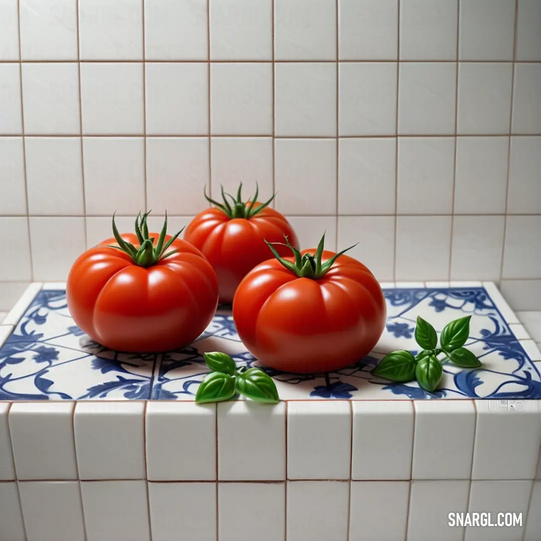 Three juicy tomatoes resting on a beautifully patterned blue and white tile countertop, adorned with fresh green leaves on top. This composition blends rustic charm with a touch of culinary elegance, inviting you to enjoy a delicious meal.