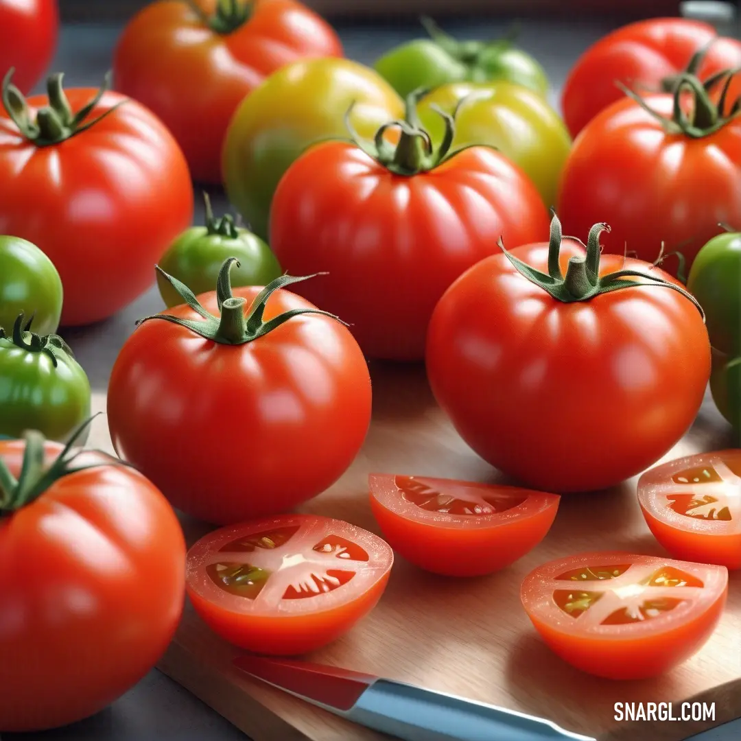 A rustic wooden cutting board featuring plump tomatoes and a shiny knife, inviting you to dive into your culinary adventures. This scene blends simplicity with functionality, perfect for anyone who loves to cook with fresh ingredients.