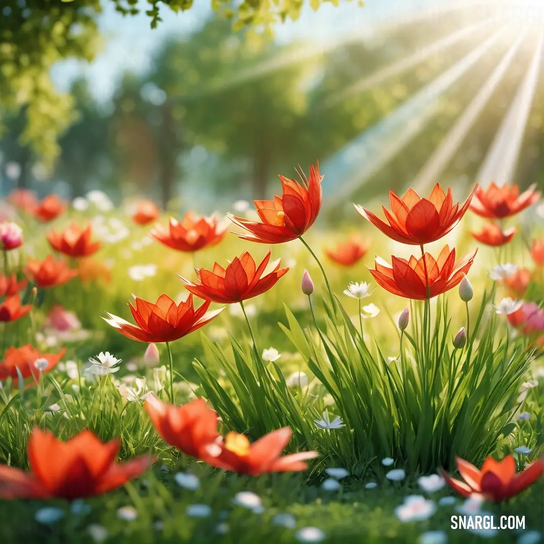 A field of vibrant red flowers bathed in sunlight, with tall trees lining the background. The sun casts a warm glow, creating a serene atmosphere in this peaceful landscape.