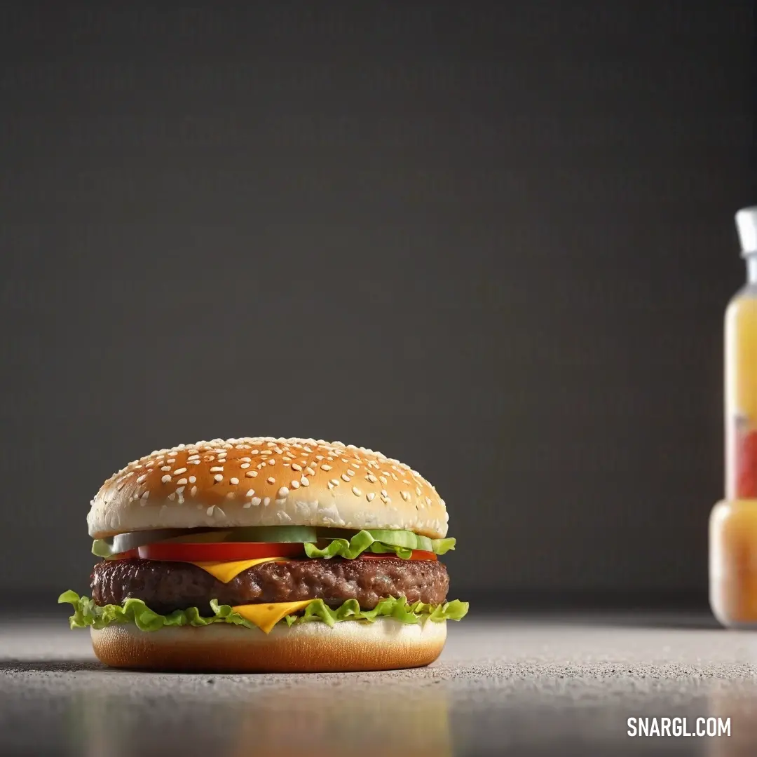 A hearty hamburger beautifully showcased on a plate, accompanied by a classic bottle of mustard in the backdrop, radiating a sense of comfort and deliciousness that invites indulging in beloved flavors.