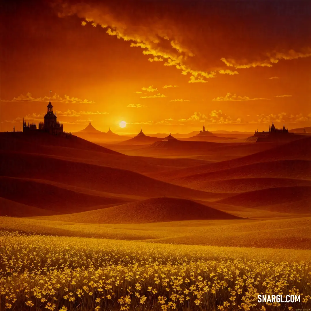 A vibrant desert landscape at sunset with golden hues painting the sky. In the distance, a majestic castle sits on a hill, while a colorful field of flowers in the foreground adds life and contrast to the scene.