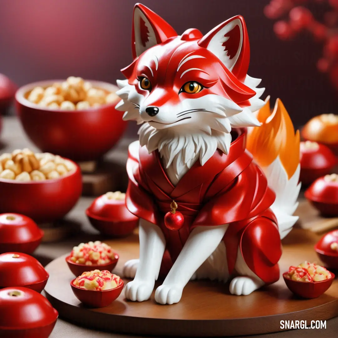 Red and white figurine of a fox on a table with bowls of nuts and apples. Example of CMYK 0,100,100,40 color.