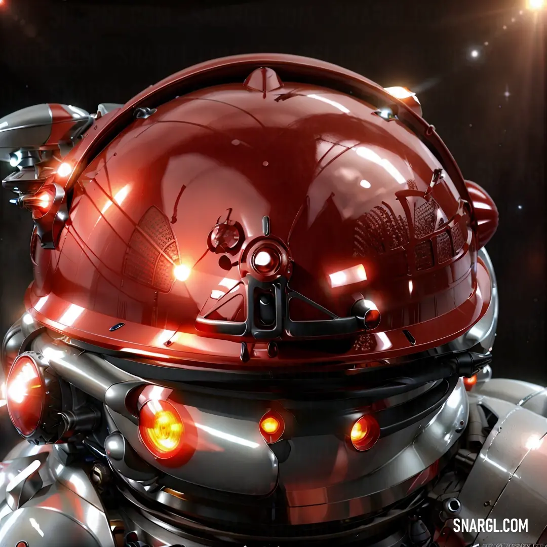 Red helmet with lights on it is in the dark room with a light shining on it's face. Color RGB 153,0,0.