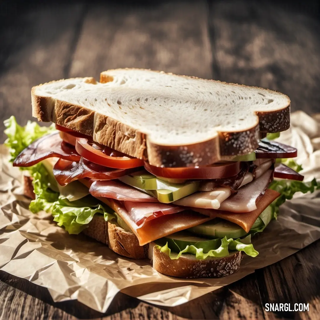 An appetizing sandwich filled with vibrant greens and flavorful meats, displayed elegantly. This mouth-watering scene invites you to pause and appreciate the art of culinary creation and the freshness of its ingredients.