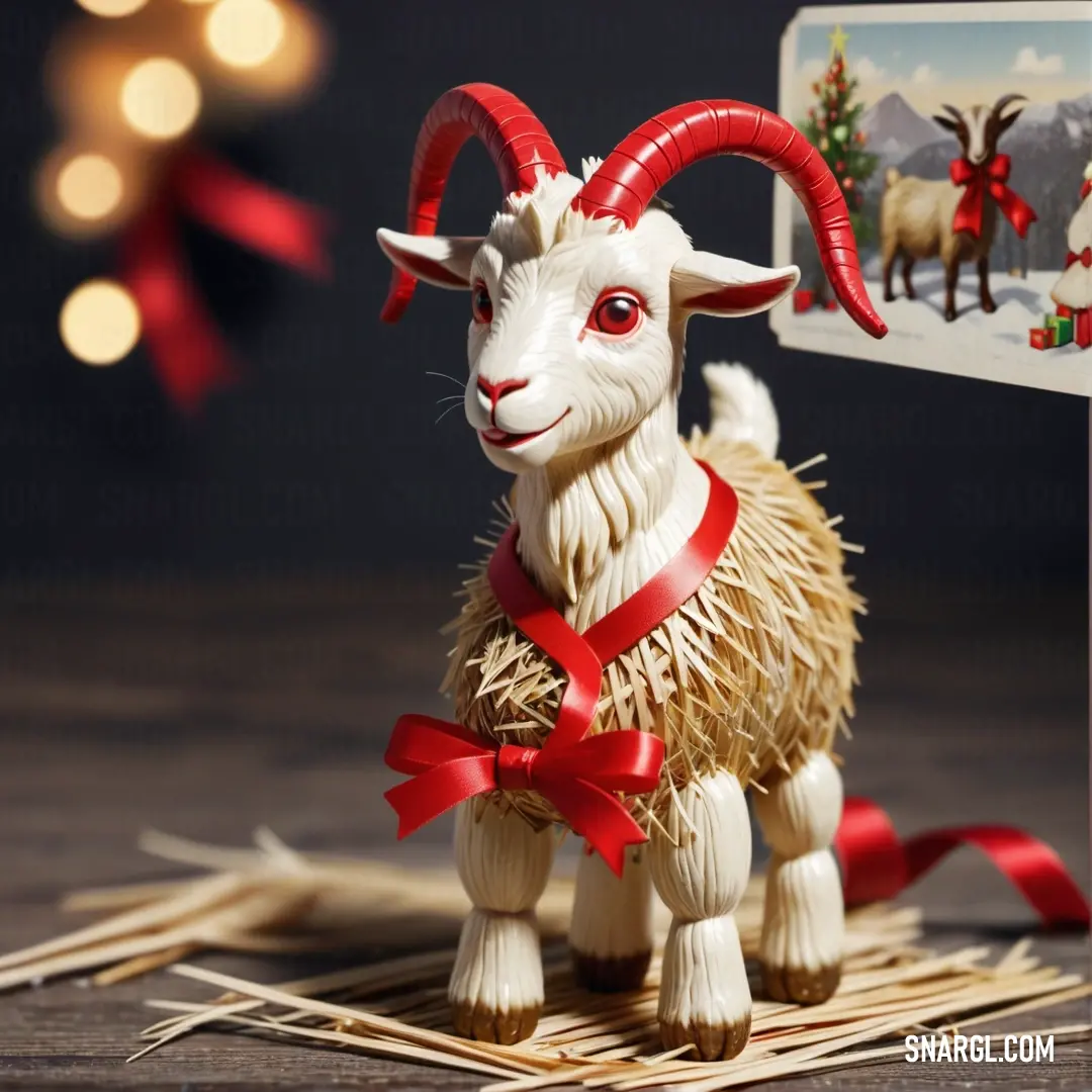 Small goat with a red ribbon around its neck and a christmas card in the background. Example of #990000 color.