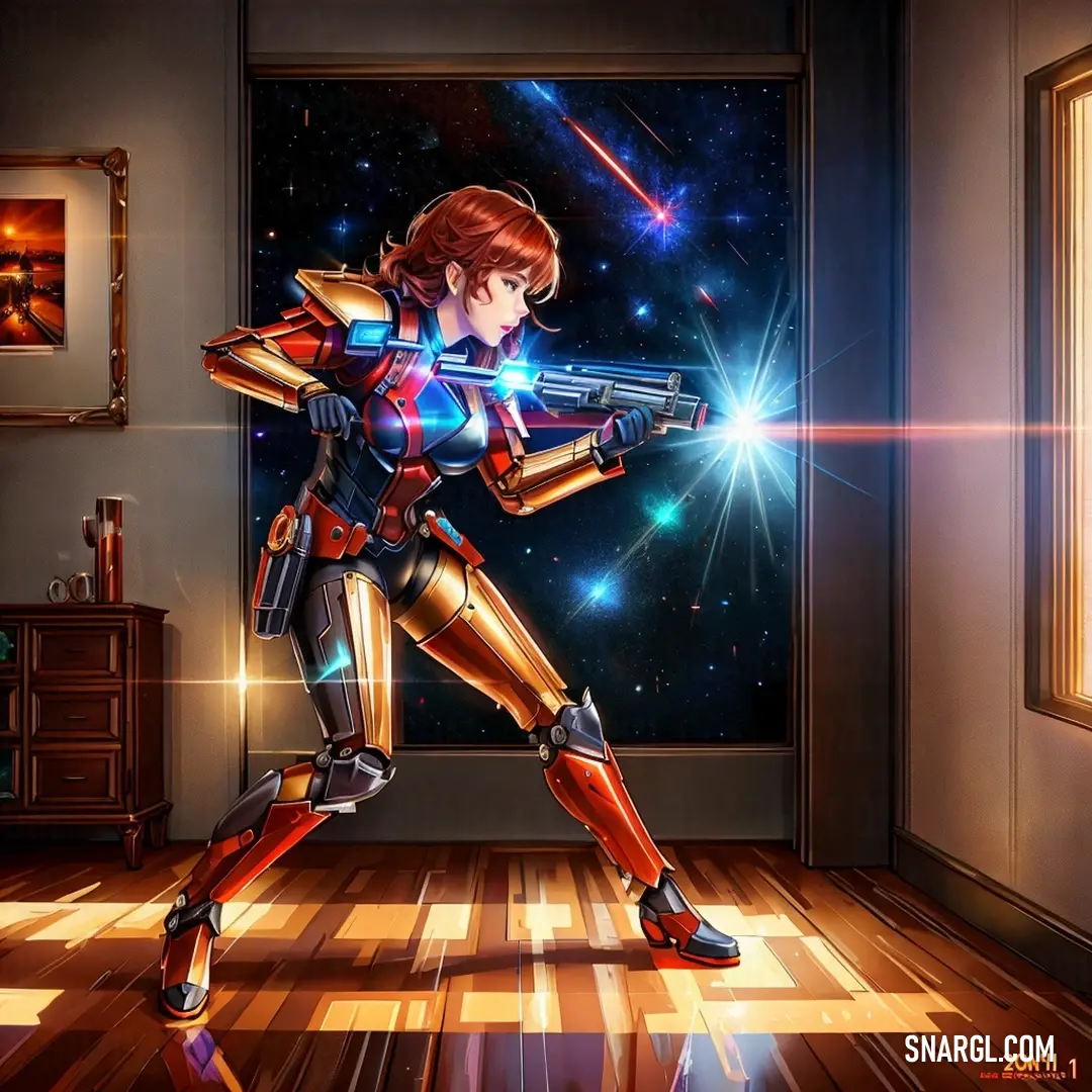 A fierce woman in a futuristic suit stands with confidence, holding a gun as she faces a window revealing a painting of a space station commander. The room's modern interior adds to the tension of the scene, set against a backdrop of space exploration.