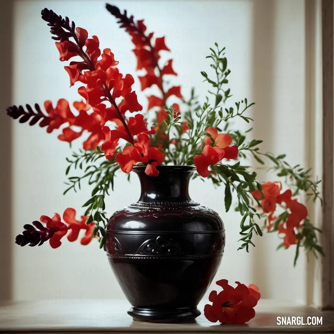 Vase with red flowers in it on a table next to a window sill with a white wall. Color RGB 153,0,0.