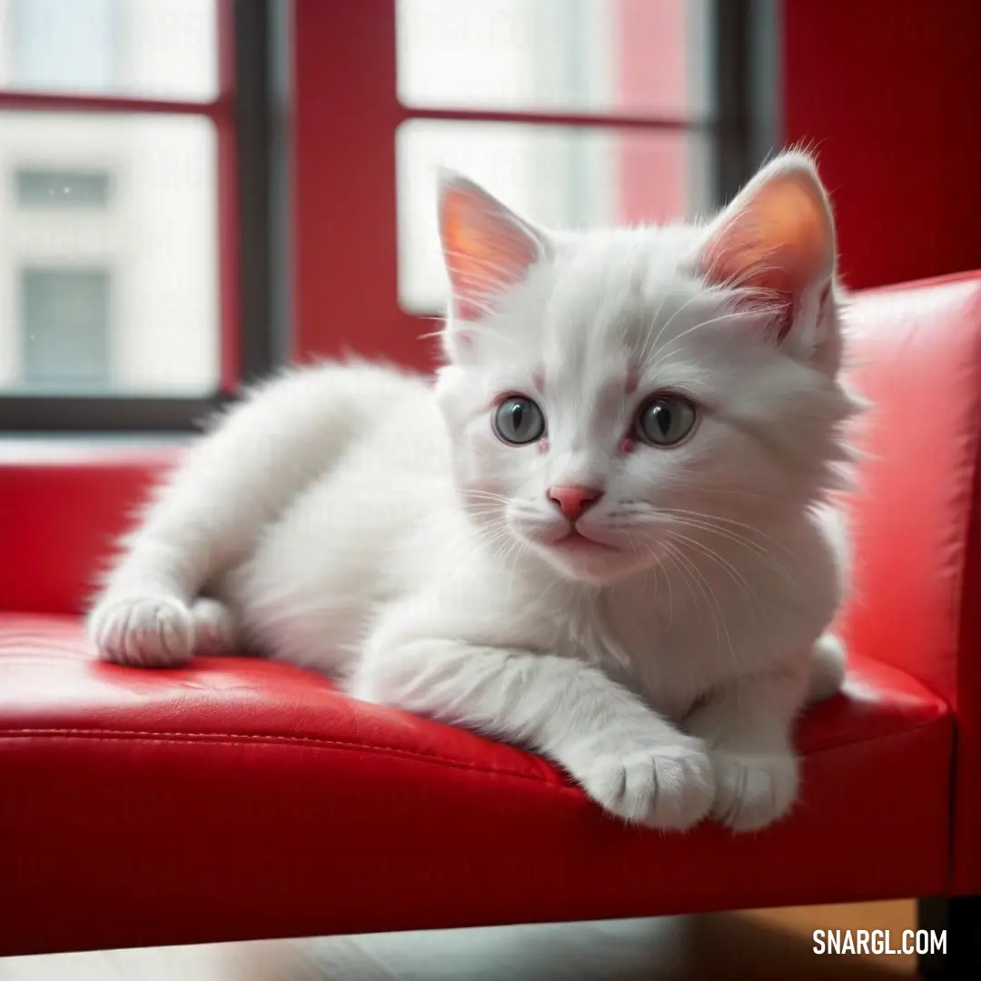 White kitten on a red chair looking at the camera with a serious look on its face and eyes. Example of CMYK 0,100,100,40 color.