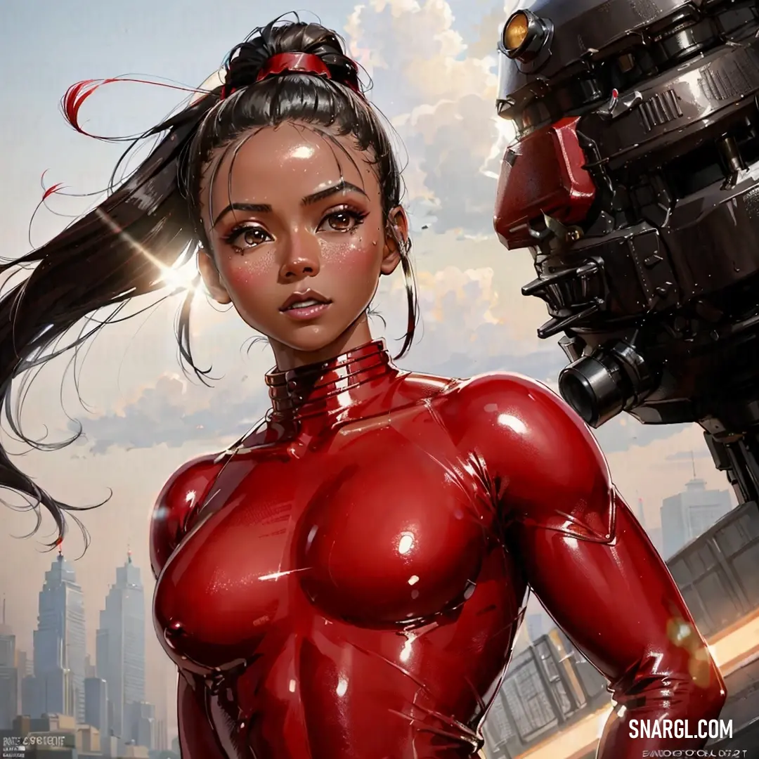 Woman in a red latex suit standing in front of a robot like structure with a red ribbon around her neck. Example of #990000 color.