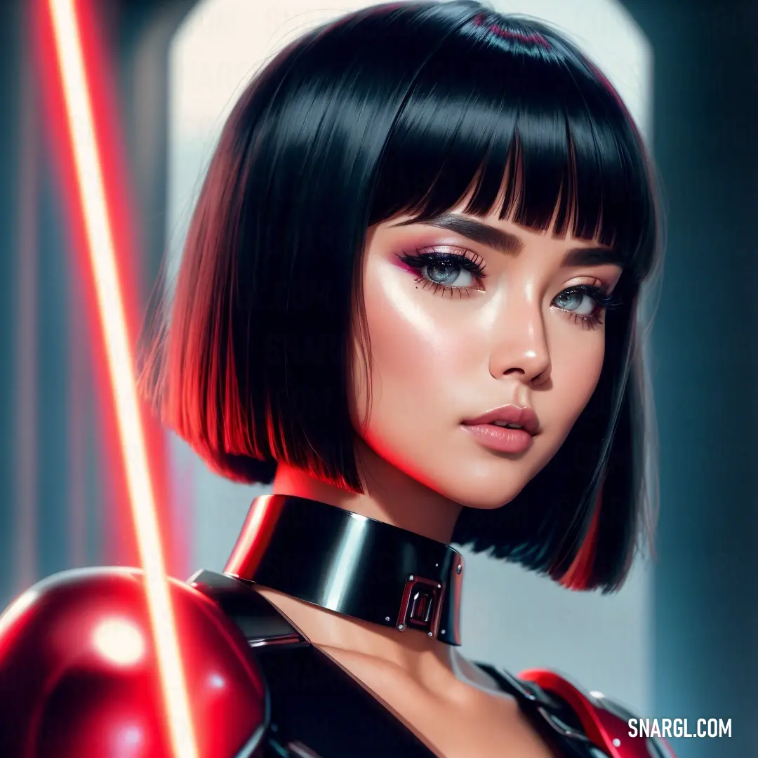 A woman confidently wields a red lightsaber in her hand, her striking black wig adding to her mysterious allure. The bold red light contrasts with the shadows around her, creating a dramatic, powerful atmosphere.