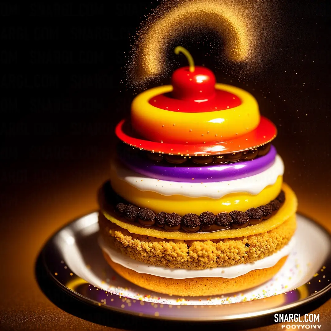 Cake with a cherry on top of it on a plate with a black background and a yellow and red swirl