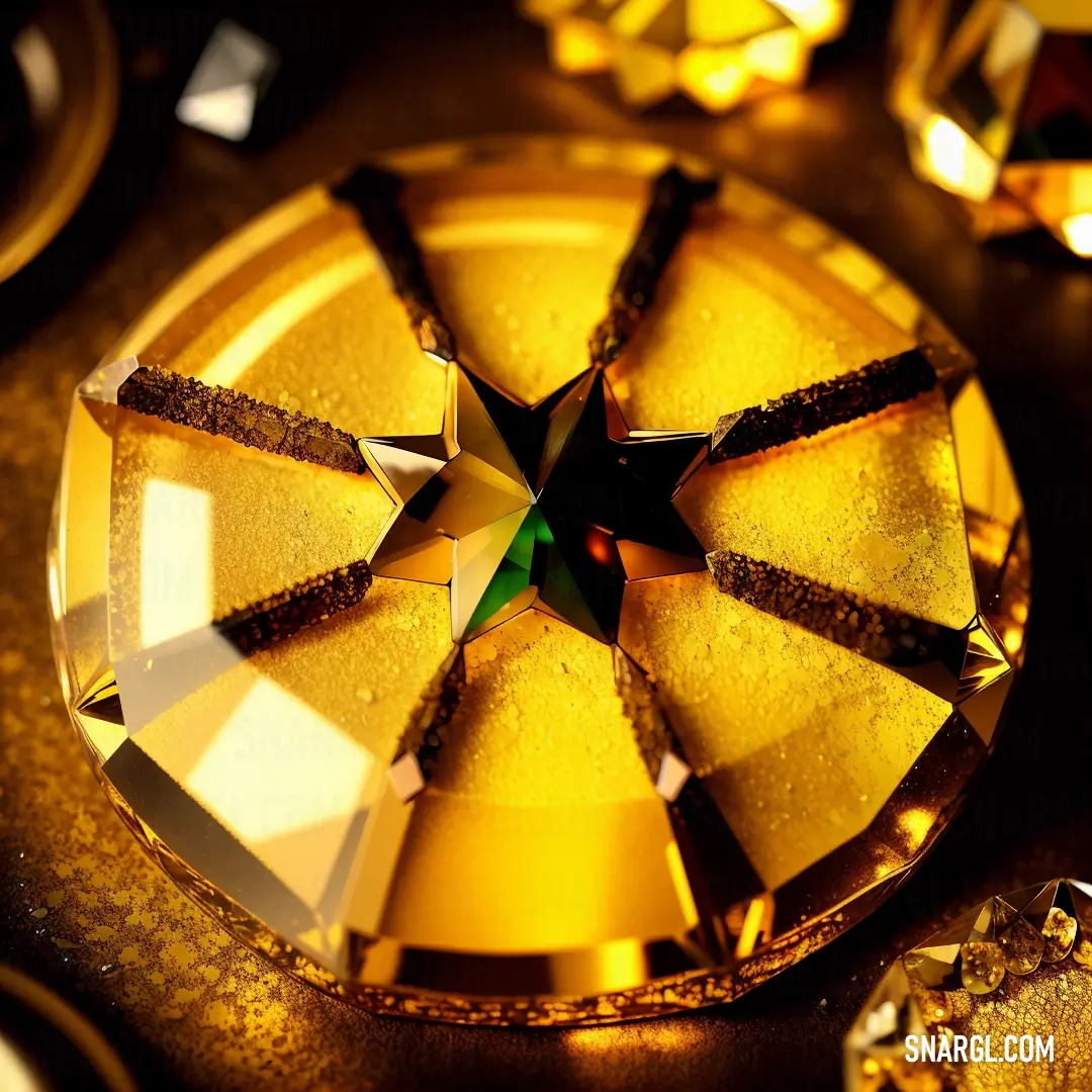 Close up of a diamond on a table with other gold items around it and a green piece of glass