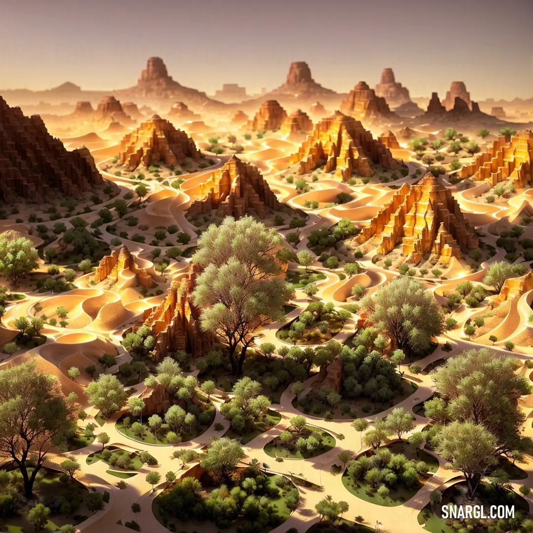 Computer generated landscape of a desert with trees and mountains in the background