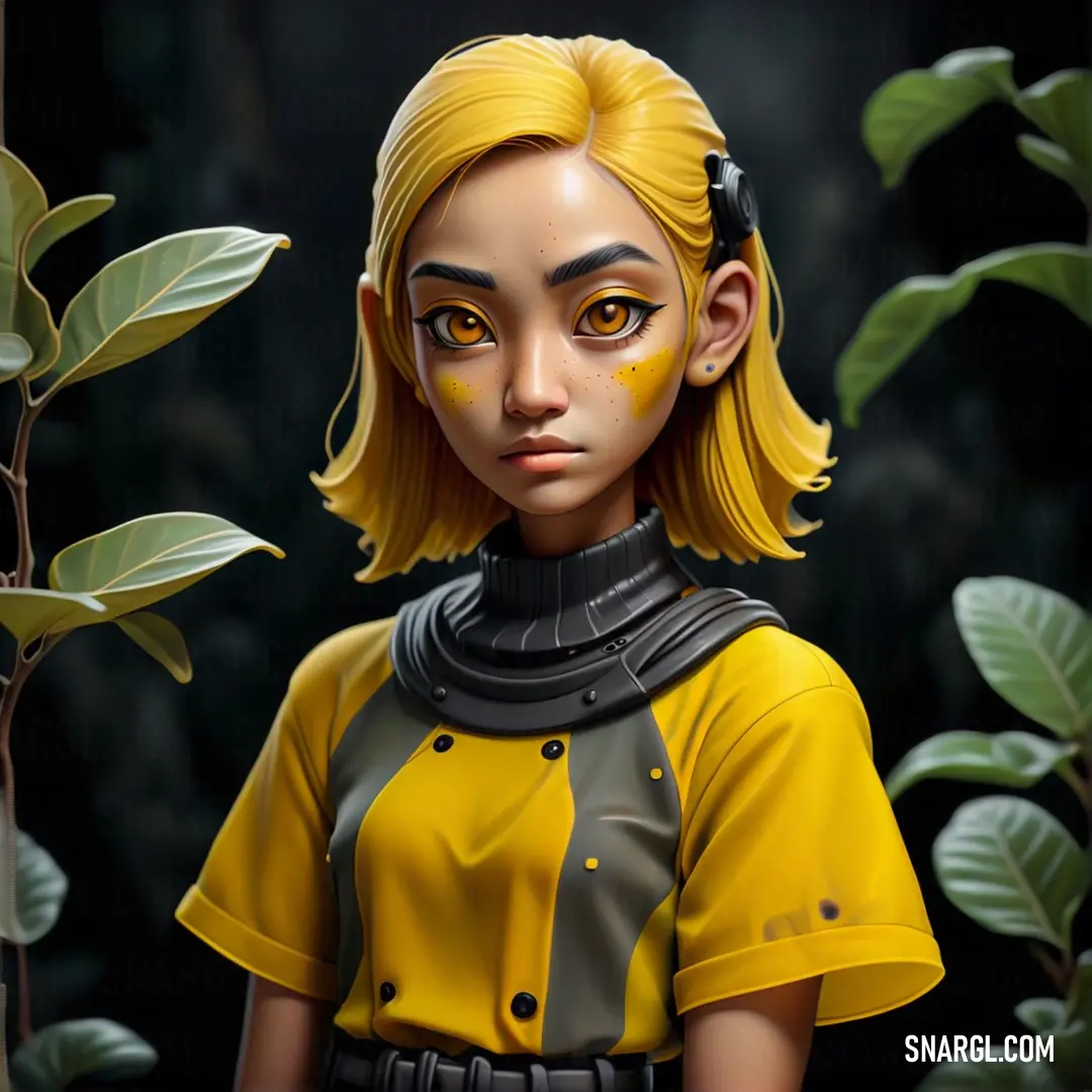 Digital painting of a woman with yellow hair and a black collared shirt and a green plant behind her. Color USC Gold.