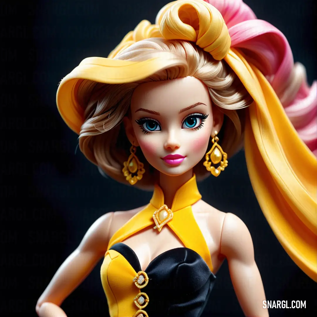 Doll with a yellow and black dress and a yellow hat and a yellow scarf on her head. Example of RGB 255,204,0 color.