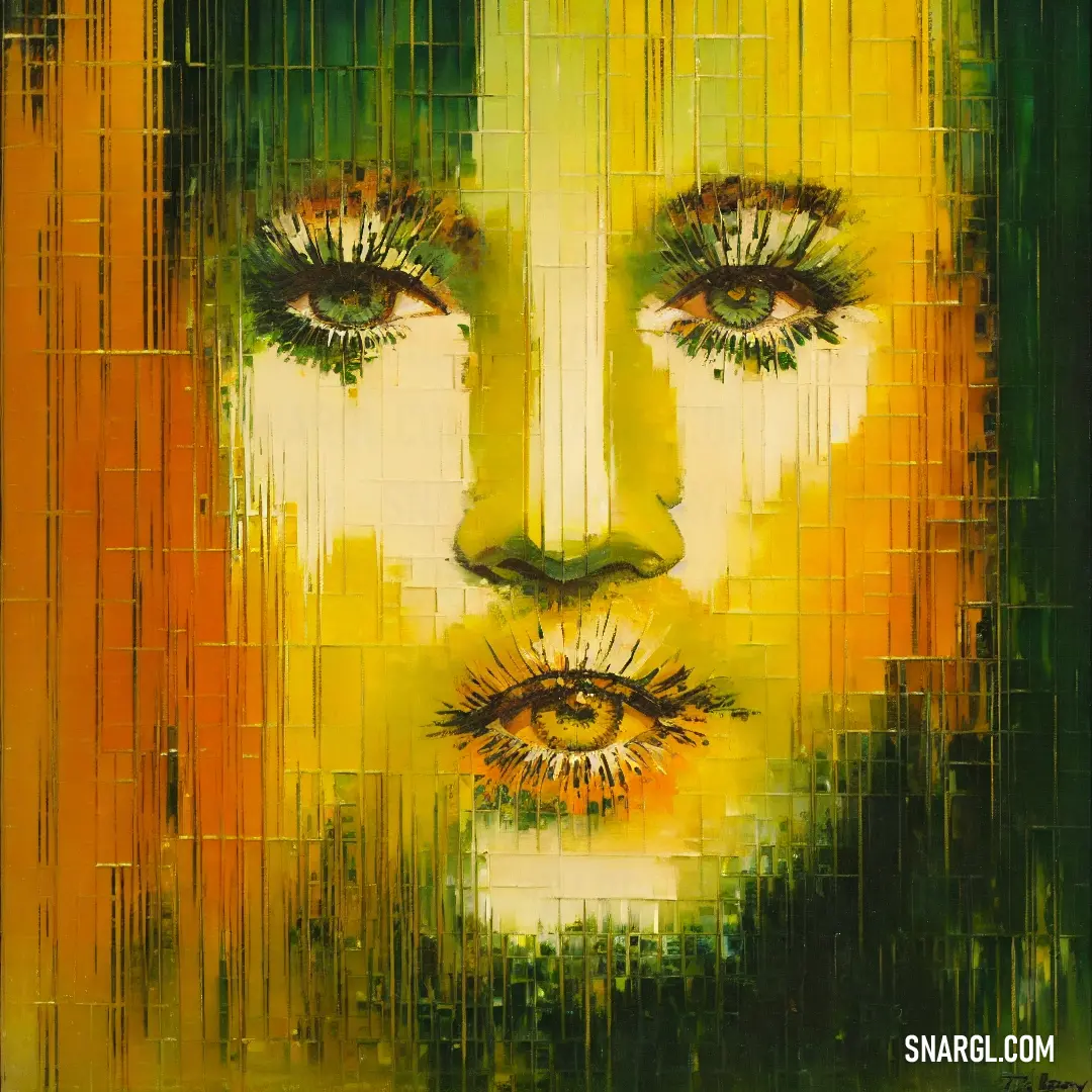 Painting of a woman's face with green eyes and yellow and orange stripes on the background of the painting