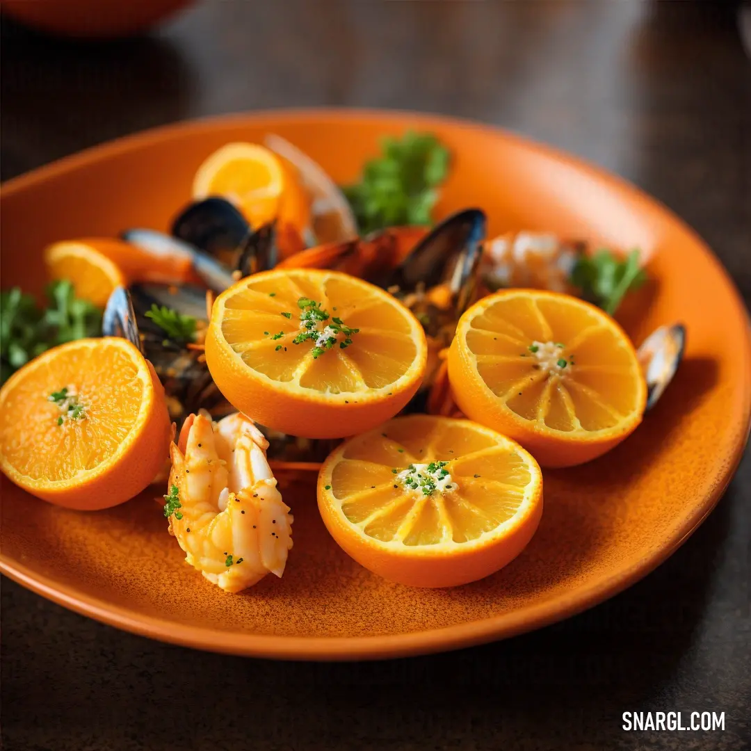 Plate of oranges with clams and shrimp on them on a table with a cup of coffee