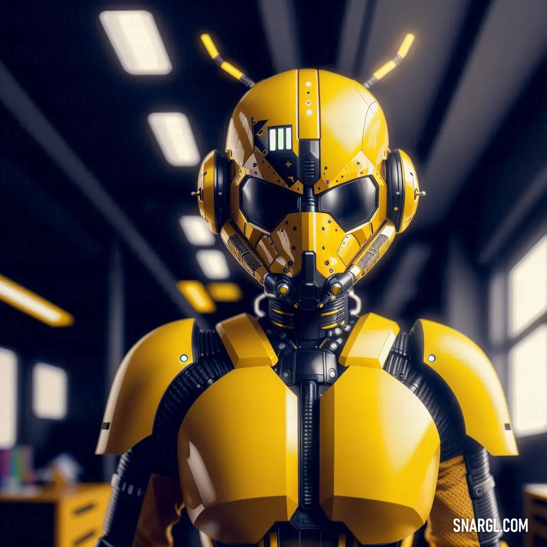 USC Gold color example: Robot in a yellow suit standing in a room with windows and a ceiling light in the background
