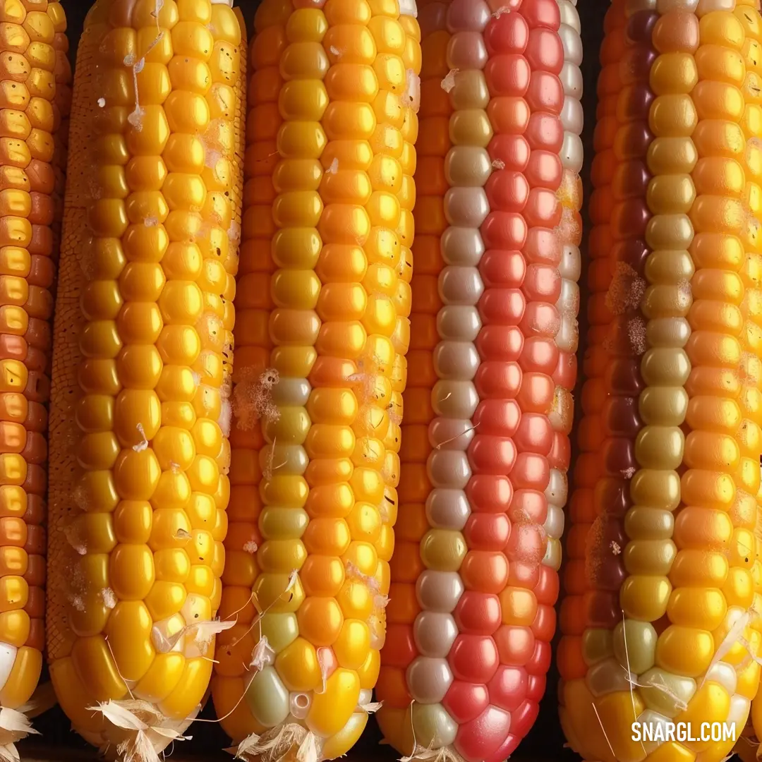 Row of corn on the cob with colorful colors and white and yellow kernels on the cob