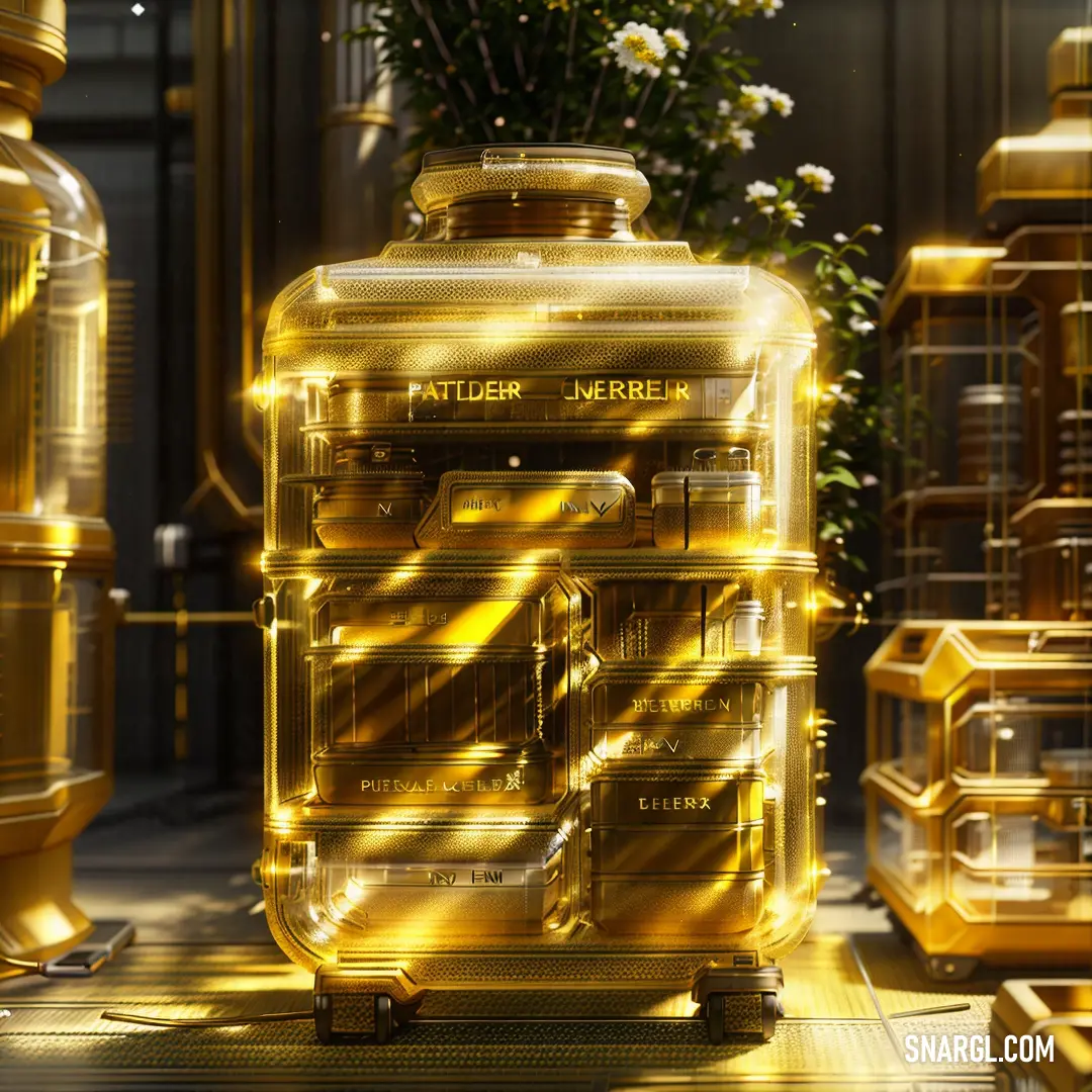 USC Gold color example: Large golden container on top of a floor next to a planter filled with flowers and other items