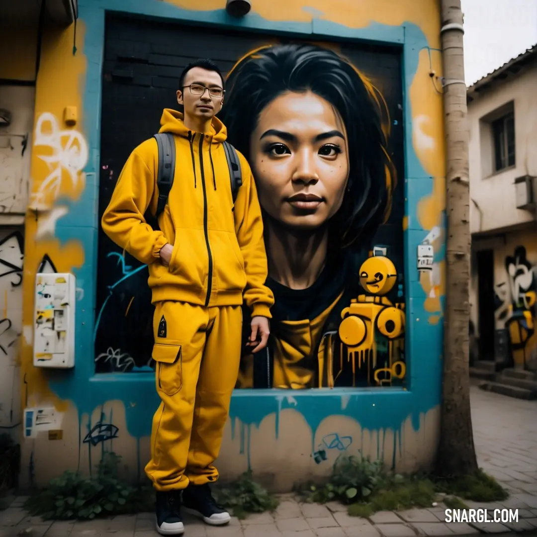 Man and woman standing in front of a painting of a woman and man in yellow sweat suits and a backpack. Example of #FFCC00 color.