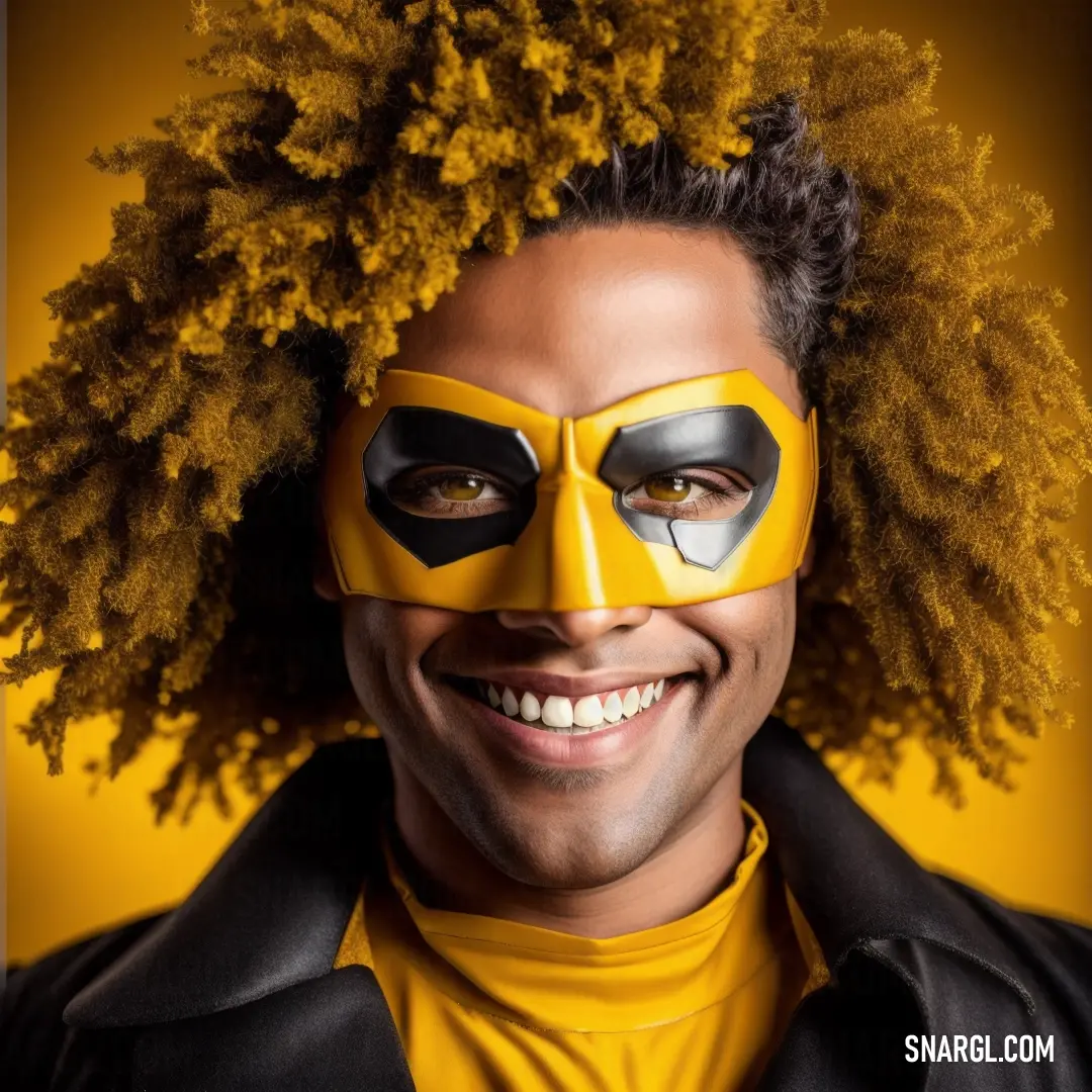 Man with a yellow mask and a black jacket on his face. Color #FFCC00.