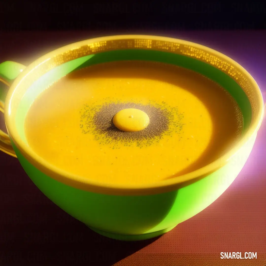 Yellow bowl with a yellow egg inside of it on a table top with a purple background. Color #FFCC00.