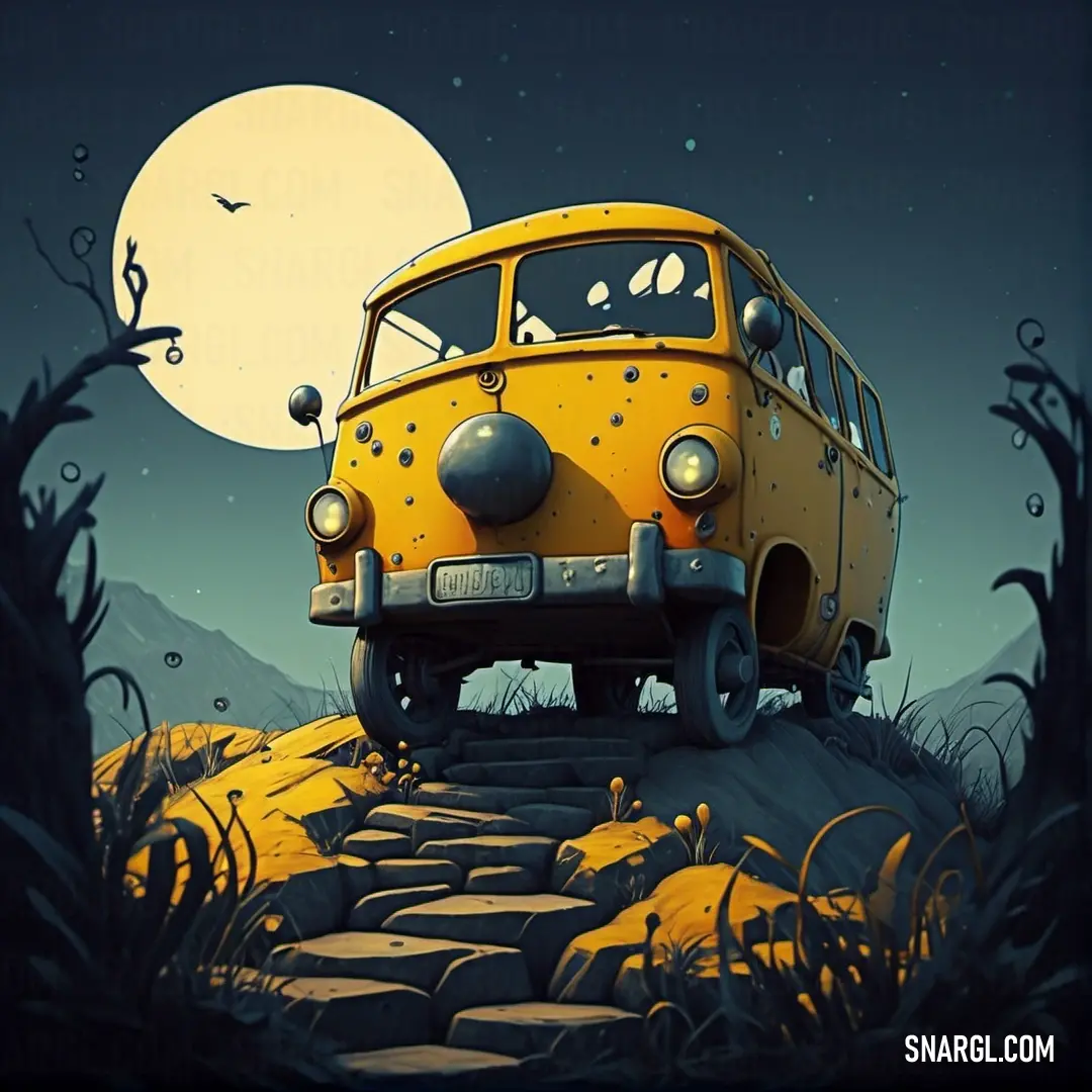 Yellow van is parked on a hill with a full moon in the background. Color CMYK 0,20,100,0.