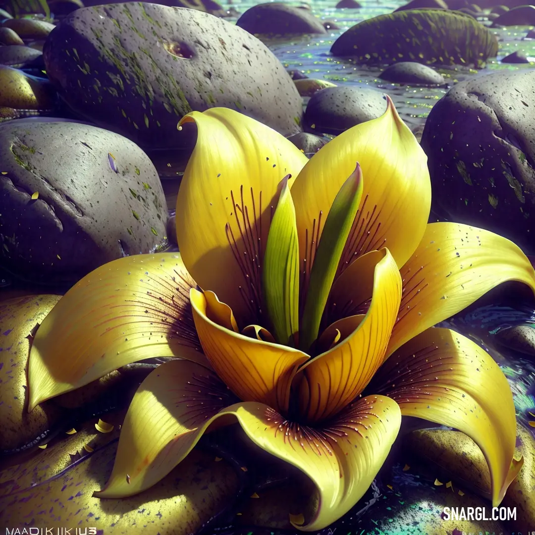 Yellow flower on top of a pile of rocks next to water and rocks on the ground