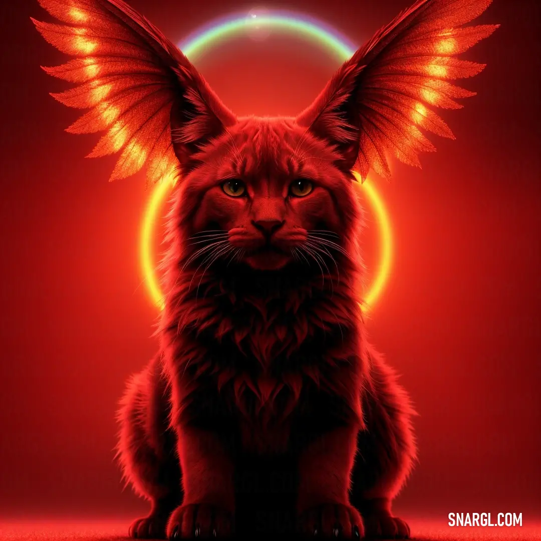 Cat with wings on its head in front of a red background