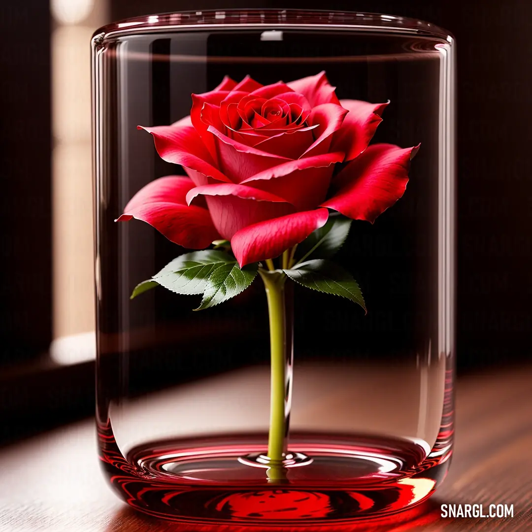 Single red rose in a glass vase on a table with water and sunlight coming through the window behind it. Color RGB 211,0,63.