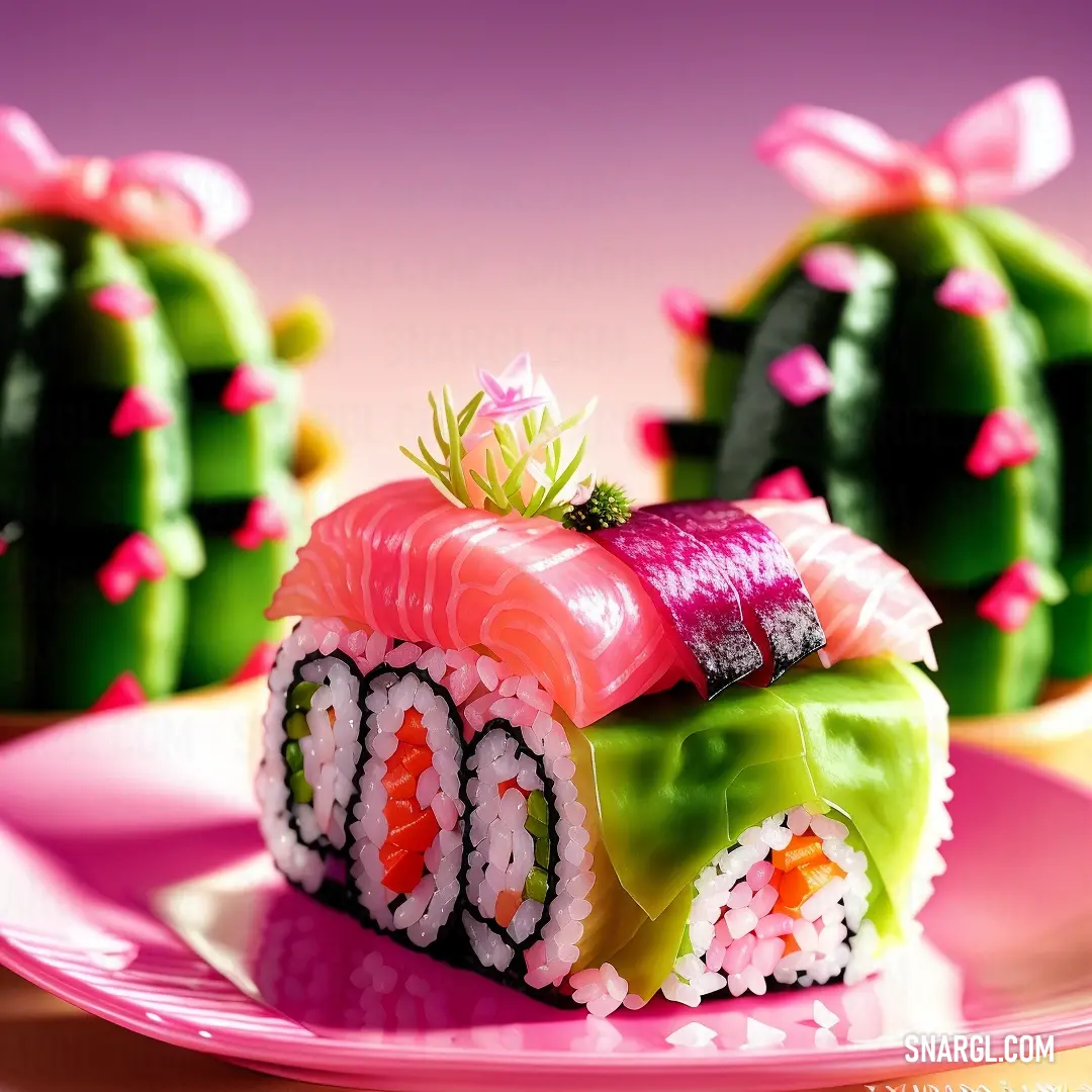 Sushi roll is decorated with sushi and a bow on top of it on a pink plate